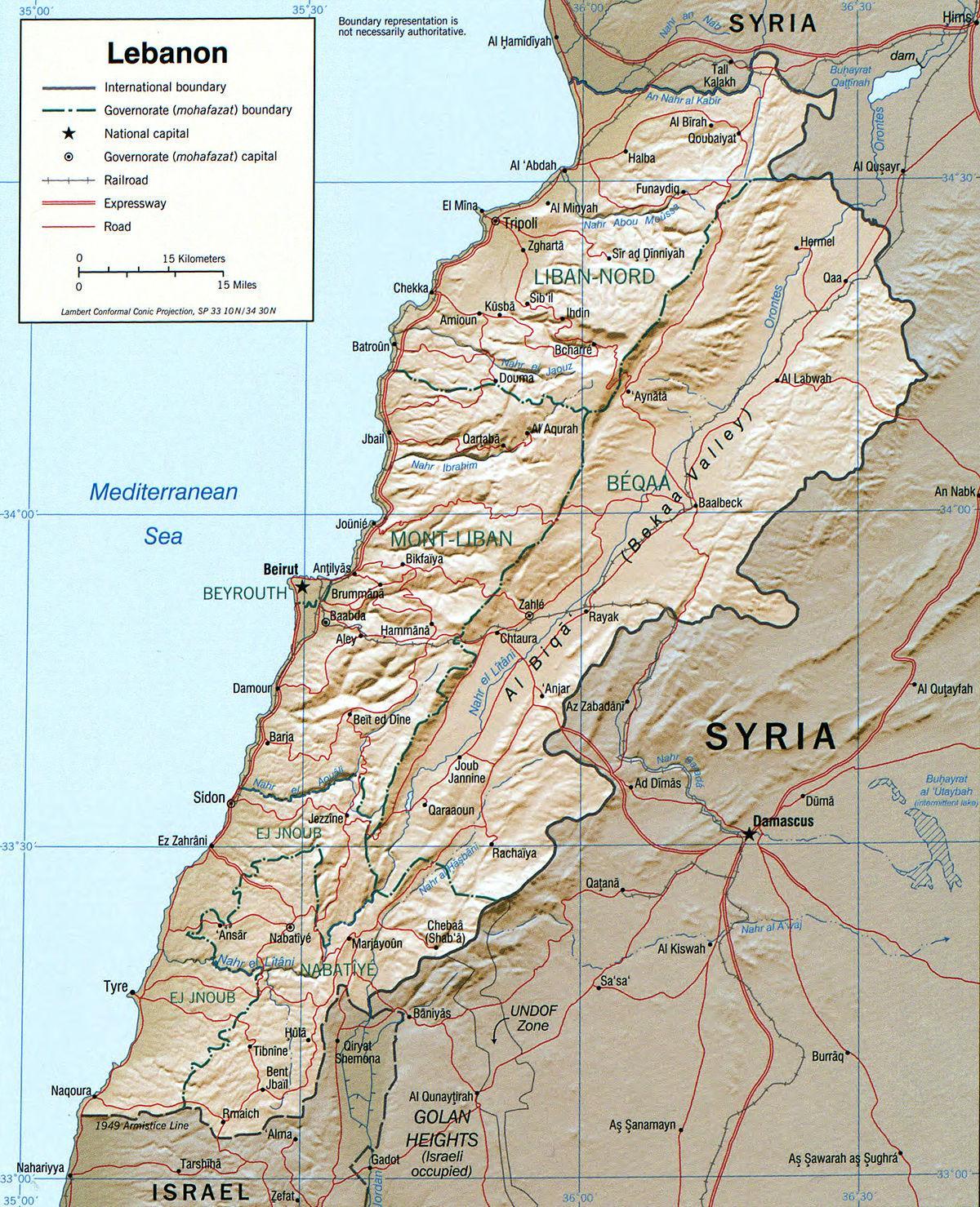 zemljevid Libanon geografija