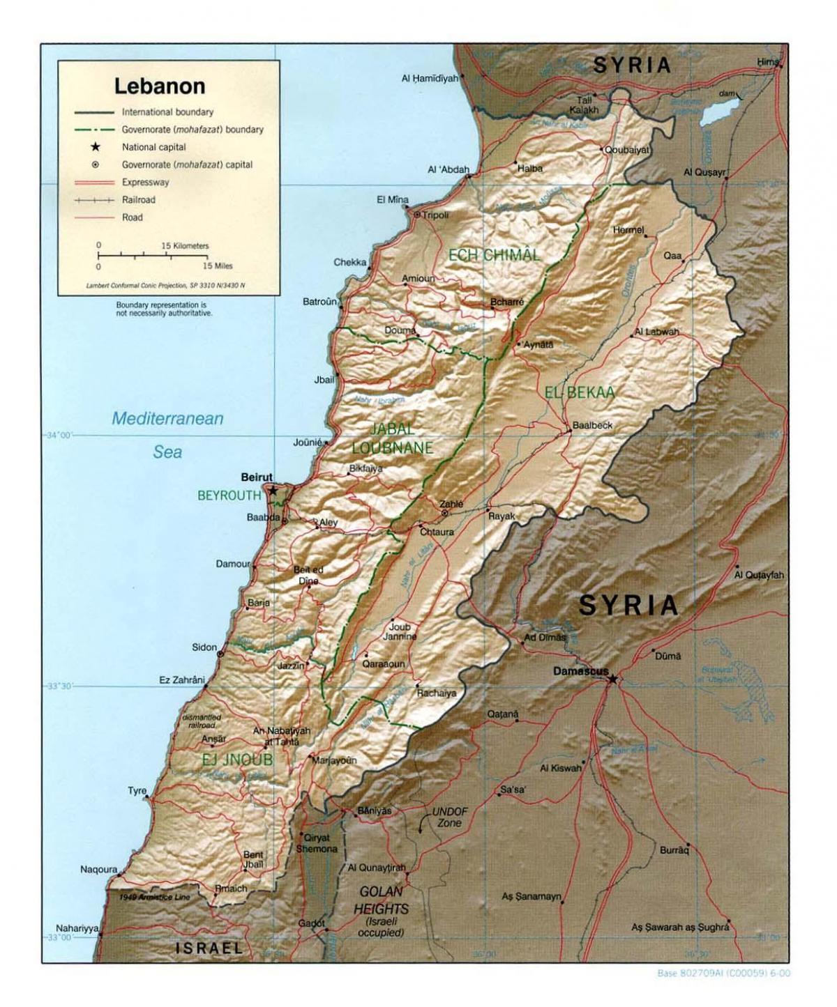 zemljevid Libanon topografske