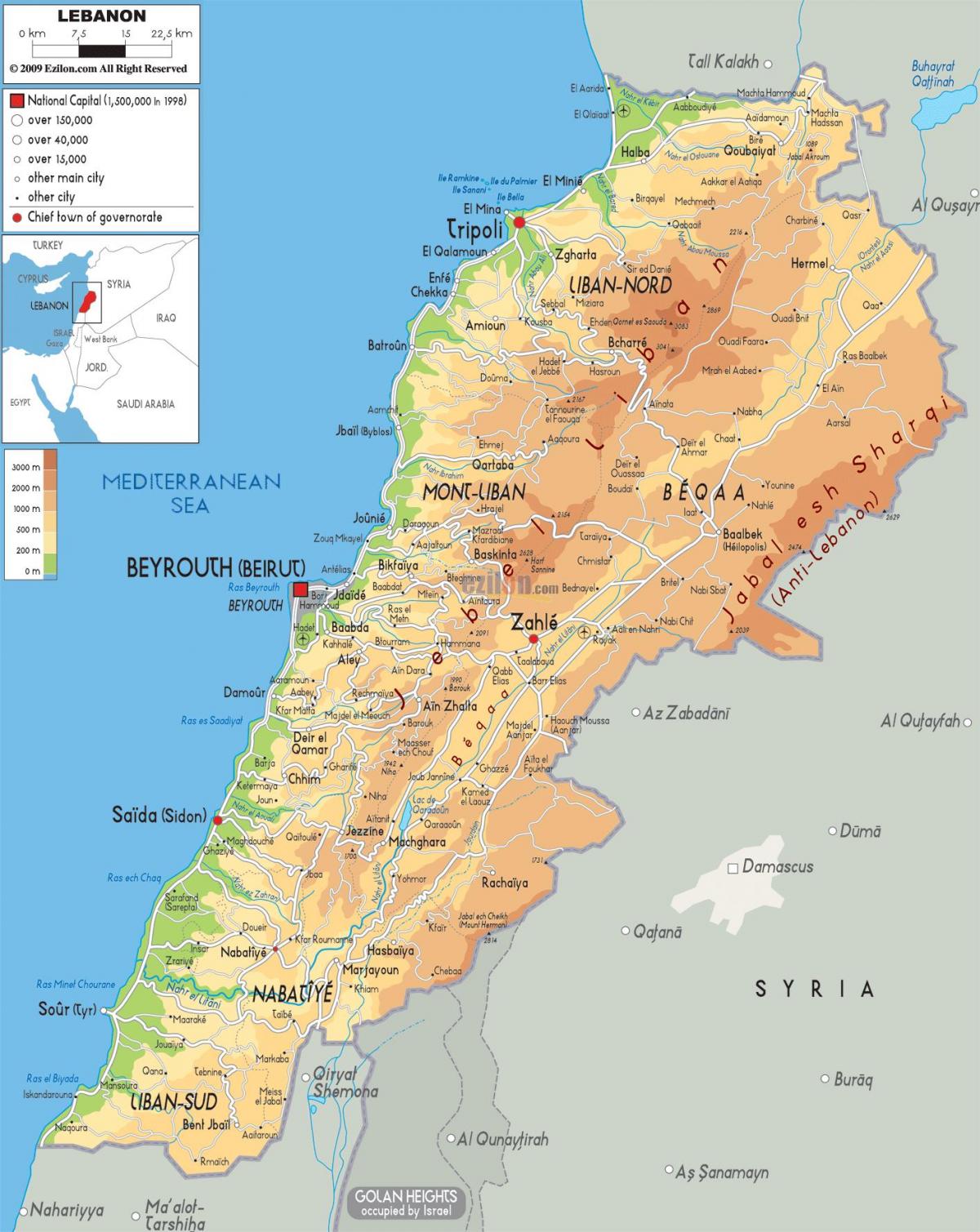 zemljevid Libanon fizično